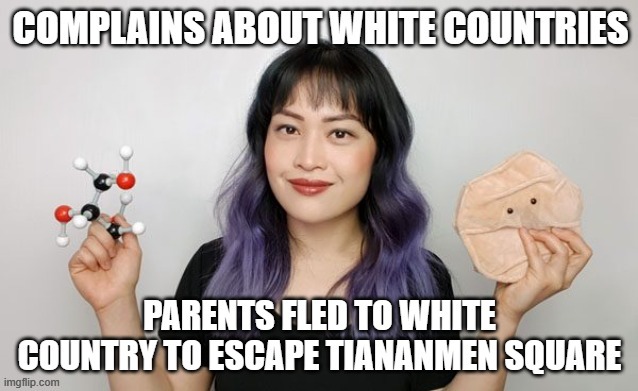 image tagged in hypocrite,skincare,liberal,asian,labmuffin,michelle wong | made w/ Imgflip meme maker