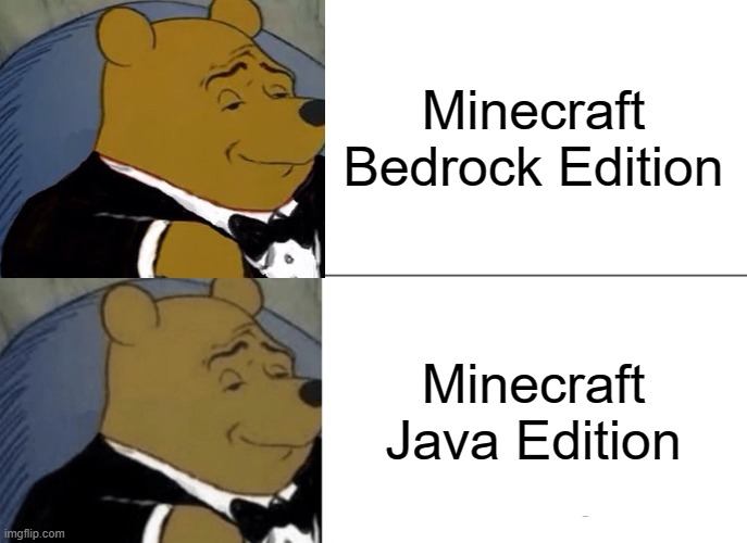 YEEES | Minecraft Bedrock Edition; Minecraft Java Edition | image tagged in memes,tuxedo winnie the pooh,minecraft | made w/ Imgflip meme maker
