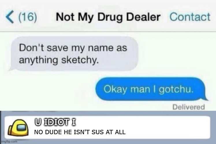Sneaky level: Expert | U IDIOT I; NO DUDE HE ISN'T SUS AT ALL | image tagged in among us,funny texts,texts,memes,funny,drugs | made w/ Imgflip meme maker