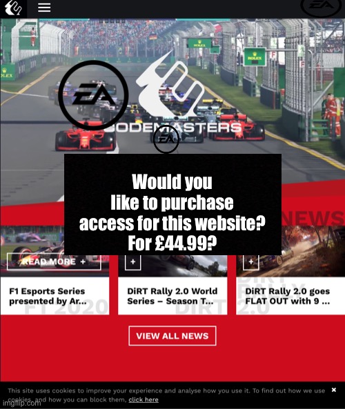 E.A Sports takes your money and your F1 games. | Would you like to purchase access for this website?
For £44.99? | image tagged in codemasters,electronic arts,f1,i dont know what i am doing,money | made w/ Imgflip meme maker