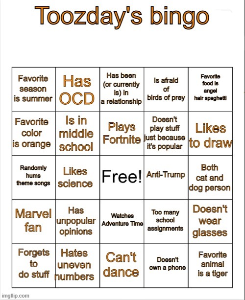 Fill out ze bingo | image tagged in toozday's bingo | made w/ Imgflip meme maker