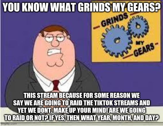 You know what really grinds my gears | YOU KNOW WHAT GRINDS MY GEARS? THIS STREAM BECAUSE FOR SOME REASON WE SAY WE ARE GOING TO RAID THE TIKTOK STREAMS AND YET WE DONT. MAKE UP YOUR MIND! ARE WE GOING TO RAID OR NOT? IF YES, THEN WHAT YEAR, MONTH, AND DAY? | image tagged in you know what really grinds my gears | made w/ Imgflip meme maker