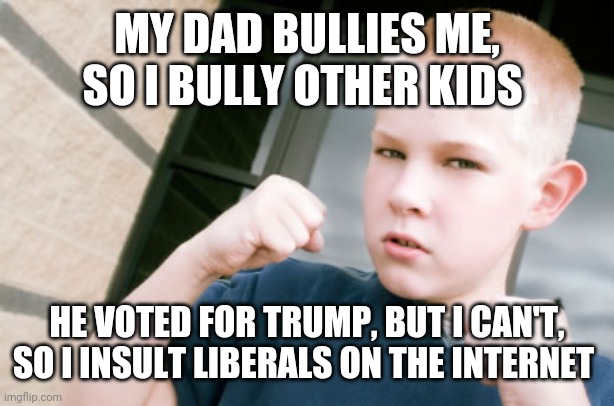 MY DAD BULLIES ME, SO I BULLY OTHER KIDS HE VOTED FOR TRUMP, BUT I CAN'T, SO I INSULT LIBERALS ON THE INTERNET | made w/ Imgflip meme maker
