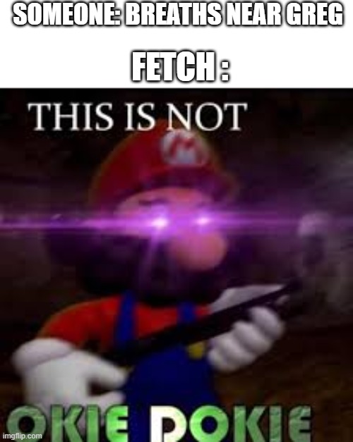 You would only get this if you have read Fetch | SOMEONE: BREATHS NEAR GREG; FETCH : | image tagged in this is not okie dokie,fetch,fnaf | made w/ Imgflip meme maker