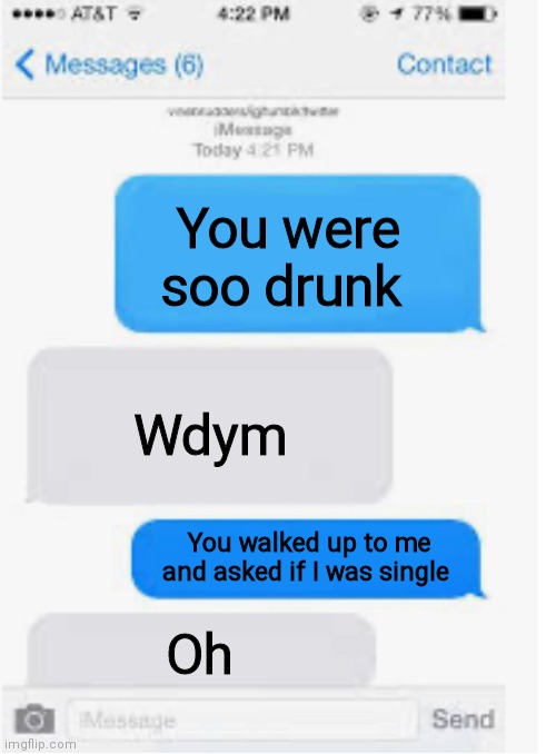 Oh thats weird |  You were soo drunk; Wdym; You walked up to me and asked if I was single; Oh | image tagged in blank text conversation | made w/ Imgflip meme maker