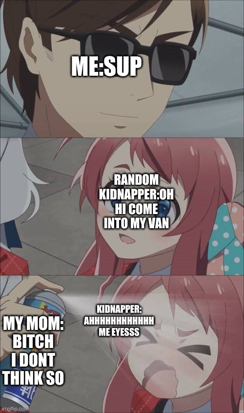 pepper spray girl anime | ME:SUP; RANDOM KIDNAPPER:OH HI COME INTO MY VAN; KIDNAPPER: AHHHHHHHHHHHH ME EYESSS; MY MOM: BITCH I DONT THINK SO | image tagged in pepper spray girl anime | made w/ Imgflip meme maker
