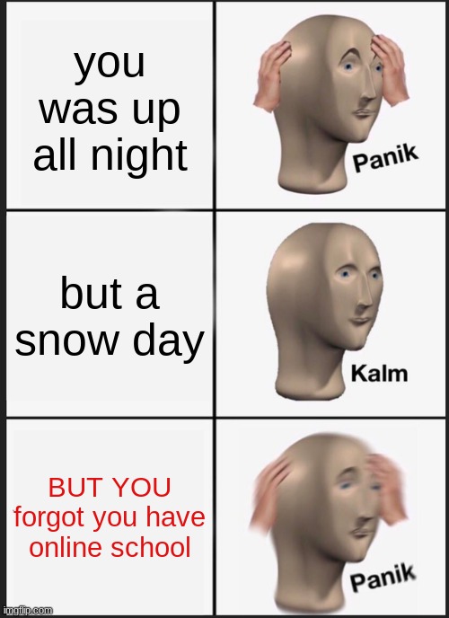 bruh im dead | you was up all night; but a snow day; BUT YOU forgot you have online school | image tagged in memes,panik kalm panik | made w/ Imgflip meme maker