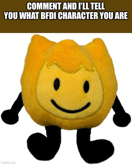 Firey Jr plush | COMMENT AND I’LL TELL YOU WHAT BFDI CHARACTER YOU ARE | image tagged in firey jr plush | made w/ Imgflip meme maker