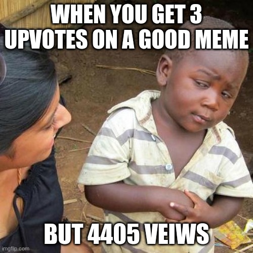 Third World Skeptical Kid | WHEN YOU GET 3 UPVOTES ON A GOOD MEME; BUT 4405 VEIWS | image tagged in memes,third world skeptical kid | made w/ Imgflip meme maker