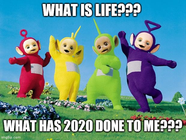 What am I doing making teletubbie memes? | WHAT IS LIFE??? WHAT HAS 2020 DONE TO ME??? | image tagged in teletubbies | made w/ Imgflip meme maker