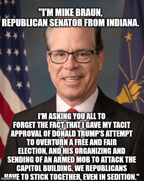 43 Days of Shame & Sedition -- Day 5 | "I'M MIKE BRAUN, REPUBLICAN SENATOR FROM INDIANA. I'M ASKING YOU ALL TO FORGET THE FACT THAT I GAVE MY TACIT APPROVAL OF DONALD TRUMP'S ATTEMPT TO OVERTURN A FREE AND FAIR ELECTION, AND HIS ORGANIZING AND SENDING OF AN ARMED MOB TO ATTACK THE CAPITOL BUILDING. WE REPUBLICANS HAVE TO STICK TOGETHER, EVEN IN SEDITION." | image tagged in fascist republicans | made w/ Imgflip meme maker