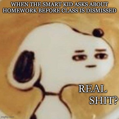 class be like | WHEN THE SMART KID ASKS ABOUT HOMEWORK BEFORE CLASS IS DISMISSED; REAL         SHIT? | image tagged in school,homework,relatable | made w/ Imgflip meme maker