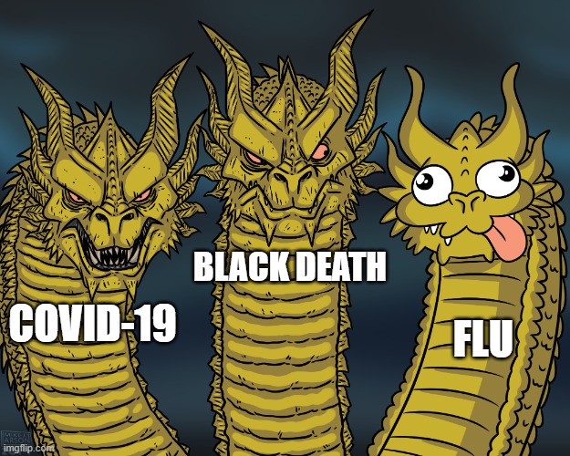 Flu its just some coughing and sneezing. | BLACK DEATH; FLU; COVID-19 | image tagged in king ghidorah,flu,covid-19,black death | made w/ Imgflip meme maker