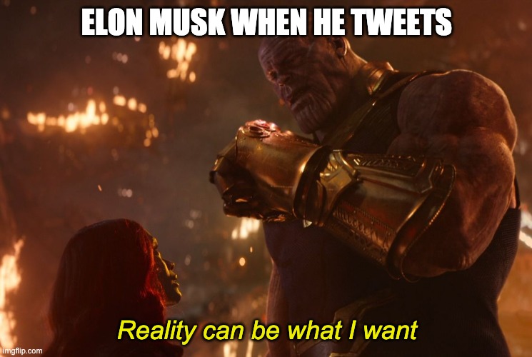 Elon Musk Tweets |  ELON MUSK WHEN HE TWEETS; Reality can be what I want | image tagged in elon musk,twitter | made w/ Imgflip meme maker
