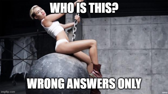 miley cyrus wreckingball | WHO IS THIS? WRONG ANSWERS ONLY | image tagged in miley cyrus wreckingball | made w/ Imgflip meme maker