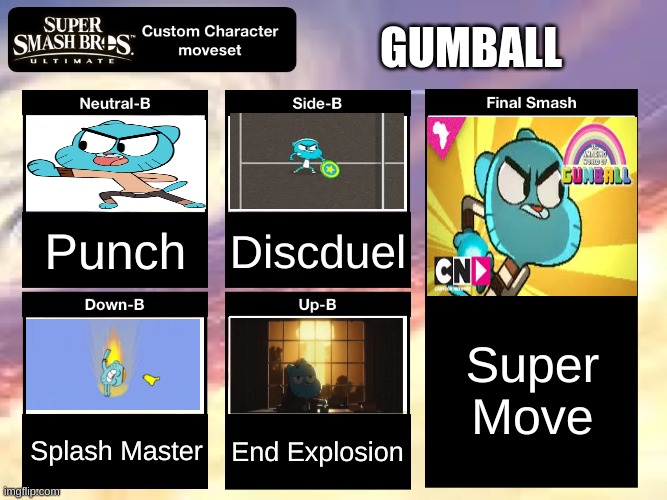Smash Ultimate: Gumball Moveset | GUMBALL; Punch; Discduel; Super Move; Splash Master; End Explosion | image tagged in smash ultimate custom moveset,gumball | made w/ Imgflip meme maker