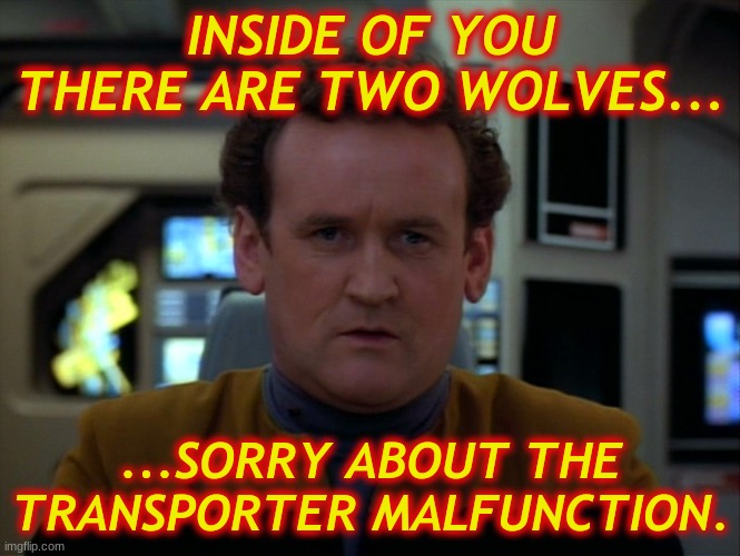 Miles O'Brien | INSIDE OF YOU THERE ARE TWO WOLVES... ...SORRY ABOUT THE TRANSPORTER MALFUNCTION. | image tagged in star trek,miles o'brien,transporter malfunction,whoops | made w/ Imgflip meme maker