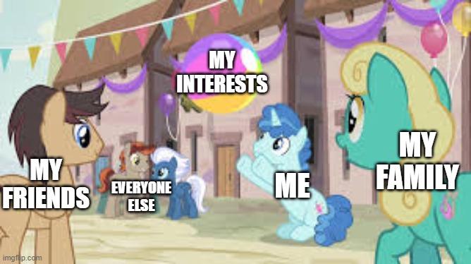 relatedly unrelated situation | MY INTERESTS; MY FAMILY; MY FRIENDS; ME; EVERYONE ELSE | image tagged in my little pony,suffering,running away balloon | made w/ Imgflip meme maker