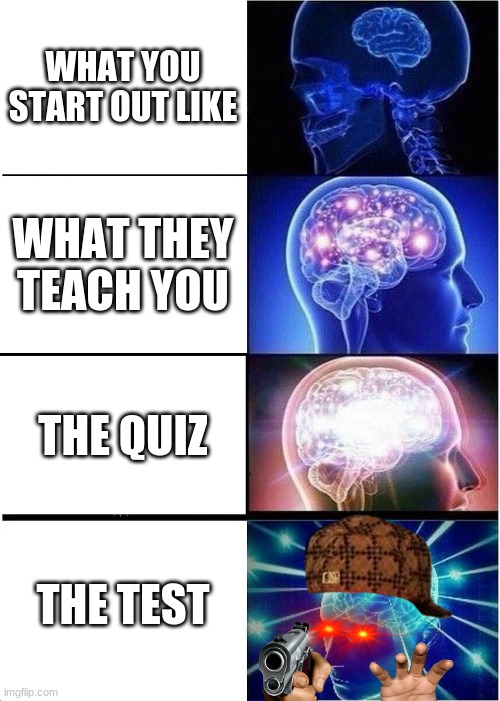 AIIII | WHAT YOU START OUT LIKE; WHAT THEY TEACH YOU; THE QUIZ; THE TEST | image tagged in memes,expanding brain,test | made w/ Imgflip meme maker