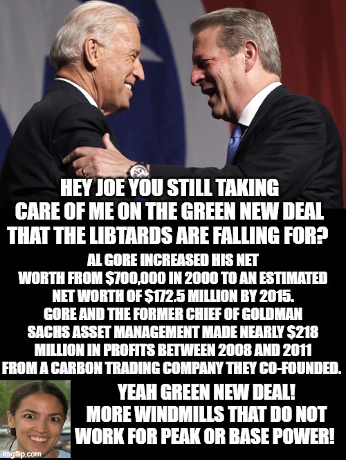 Hey Joe you still taking care of me on the GREEN NEW DEAL that the LIBTARDS are falling for? | YEAH GREEN NEW DEAL! MORE WINDMILLS THAT DO NOT WORK FOR PEAK OR BASE POWER! | image tagged in stupid people,stupid liberals,morons,biden,al gore | made w/ Imgflip meme maker