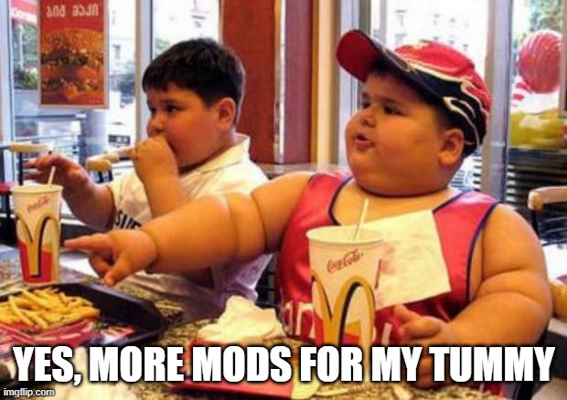 McDonald's fat boy | YES, MORE MODS FOR MY TUMMY | image tagged in mcdonald's fat boy | made w/ Imgflip meme maker