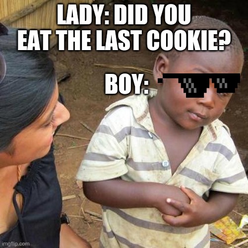 cookie robber | LADY: DID YOU EAT THE LAST COOKIE? BOY: | image tagged in memes,third world skeptical kid | made w/ Imgflip meme maker
