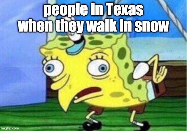 Mocking Spongebob | people in Texas when they walk in snow | image tagged in memes,mocking spongebob | made w/ Imgflip meme maker