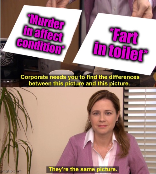 -Let 'em go. | *Murder in affect condition*; *Fart in toilet* | image tagged in memes,they're the same picture,night court,thief murderer,fart jokes,the office | made w/ Imgflip meme maker