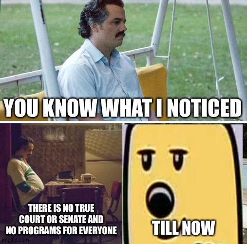 New ideas, also Surlykong my new VP | YOU KNOW WHAT I NOTICED; THERE IS NO TRUE COURT OR SENATE AND NO PROGRAMS FOR EVERYONE; TILL NOW | image tagged in memes,sad pablo escobar,president,vp,wubbzy | made w/ Imgflip meme maker