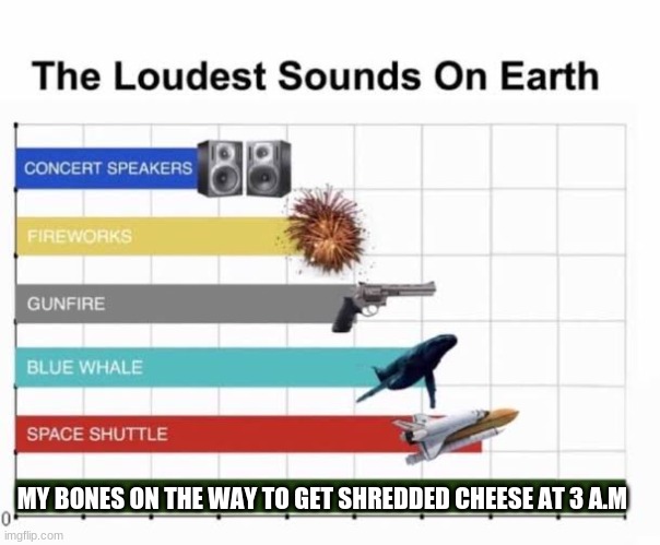 S H R R E D E D C H E E S E | MY BONES ON THE WAY TO GET SHREDDED CHEESE AT 3 A.M | image tagged in the loudest sounds on earth | made w/ Imgflip meme maker