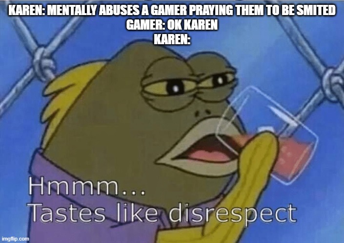 They're the real meanies | KAREN: MENTALLY ABUSES A GAMER PRAYING THEM TO BE SMITED
GAMER: OK KAREN
KAREN: | image tagged in blank tastes like disrespect,gamer,karen,r/banvideogames sucks | made w/ Imgflip meme maker