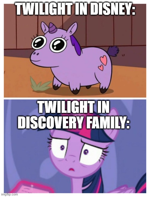 Twilight comparison | TWILIGHT IN DISNEY:; TWILIGHT IN DISCOVERY FAMILY: | image tagged in twilight sparkle,disney,star vs the forces of evil,my little pony friendship is magic | made w/ Imgflip meme maker