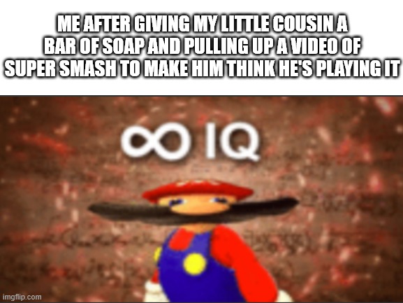 is smert | ME AFTER GIVING MY LITTLE COUSIN A BAR OF SOAP AND PULLING UP A VIDEO OF SUPER SMASH TO MAKE HIM THINK HE'S PLAYING IT | image tagged in infinite iq | made w/ Imgflip meme maker