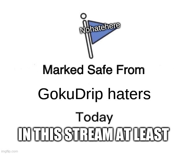 Hey Goku! I realized you followed the stream! :D Welcome aboard! | Nohatehere; GokuDrip haters; IN THIS STREAM AT LEAST | image tagged in memes,marked safe from | made w/ Imgflip meme maker