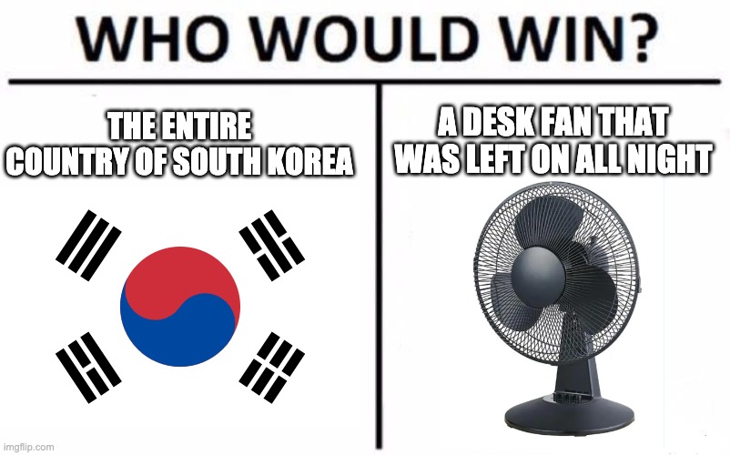 That fan is pretty scary ngl | A DESK FAN THAT WAS LEFT ON ALL NIGHT; THE ENTIRE COUNTRY OF SOUTH KOREA | image tagged in memes,who would win | made w/ Imgflip meme maker
