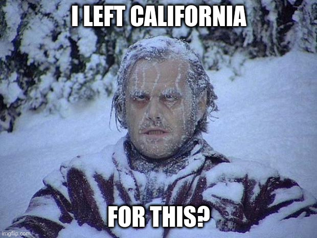 Jack Nicholson The Shining Snow Meme | I LEFT CALIFORNIA FOR THIS? | image tagged in memes,jack nicholson the shining snow | made w/ Imgflip meme maker