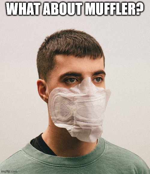 Face Mask gone bad | WHAT ABOUT MUFFLER? | image tagged in face mask gone bad | made w/ Imgflip meme maker