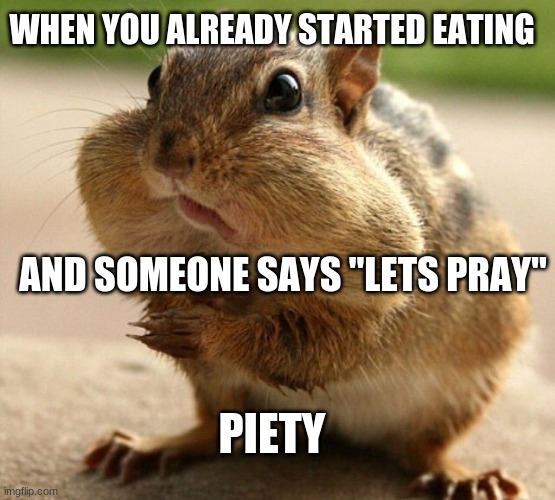oof | WHEN YOU ALREADY STARTED EATING; AND SOMEONE SAYS "LETS PRAY"; PIETY | image tagged in awkward chipmunk | made w/ Imgflip meme maker