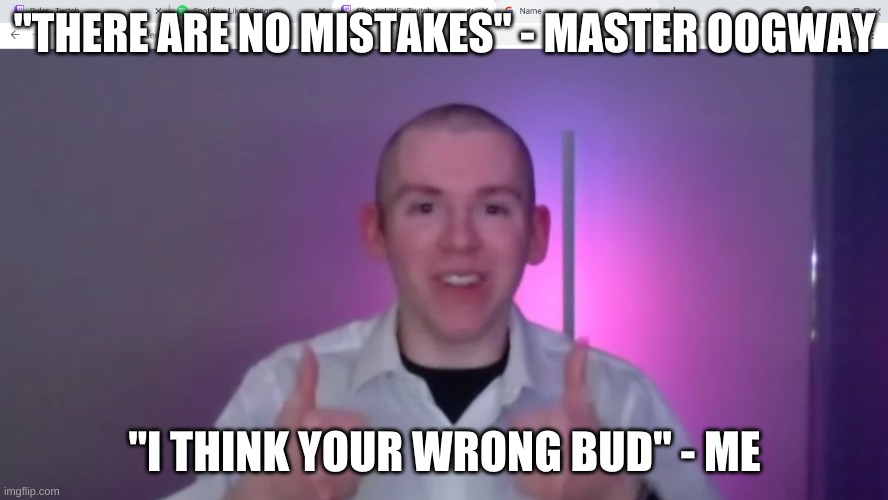 "THERE ARE NO MISTAKES" - MASTER OOGWAY; "I THINK YOUR WRONG BUD" - ME | image tagged in memes | made w/ Imgflip meme maker