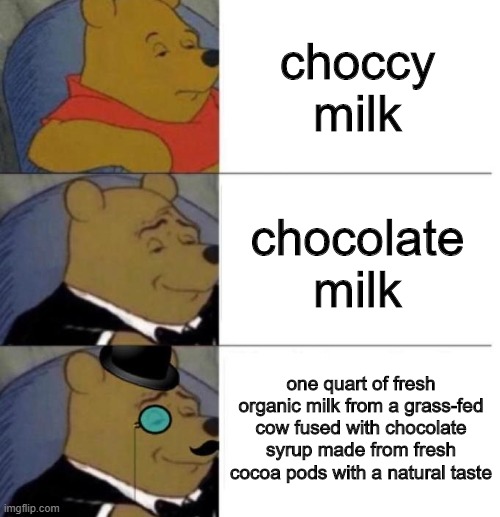 One quart of blah blah blah... | choccy milk; chocolate milk; one quart of fresh organic milk from a grass-fed cow fused with chocolate syrup made from fresh cocoa pods with a natural taste | image tagged in tuxedo winnie the pooh 3 panel | made w/ Imgflip meme maker