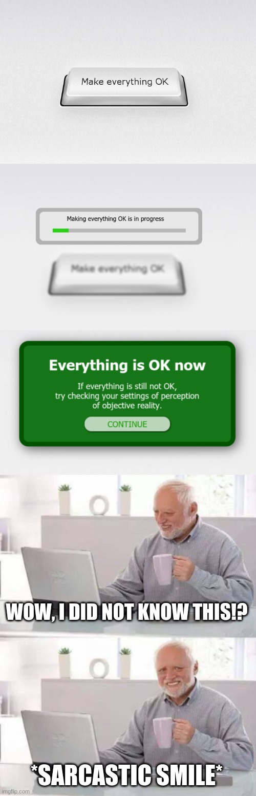 make everything ok | WOW, I DID NOT KNOW THIS!? *SARCASTIC SMILE* | image tagged in memes,hide the pain harold | made w/ Imgflip meme maker