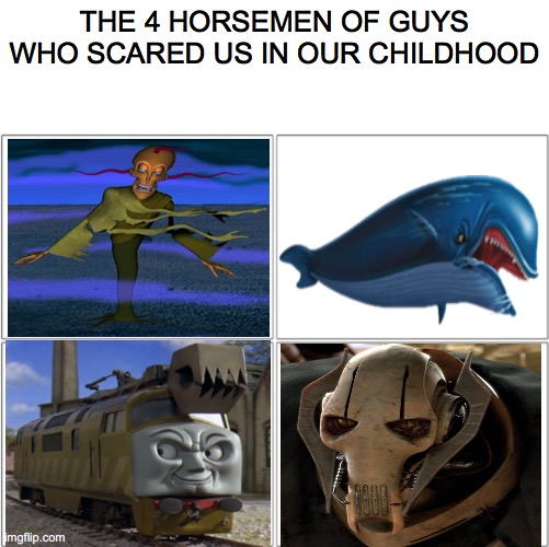 Who scared you the most as a kid? | THE 4 HORSEMEN OF GUYS WHO SCARED US IN OUR CHILDHOOD | image tagged in the 4 horsemen of,fun,memes,relatable | made w/ Imgflip meme maker