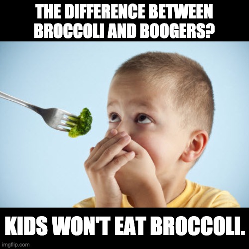 Boogers/Broccoli | THE DIFFERENCE BETWEEN BROCCOLI AND BOOGERS? KIDS WON'T EAT BROCCOLI. | image tagged in boy with broccoli | made w/ Imgflip meme maker