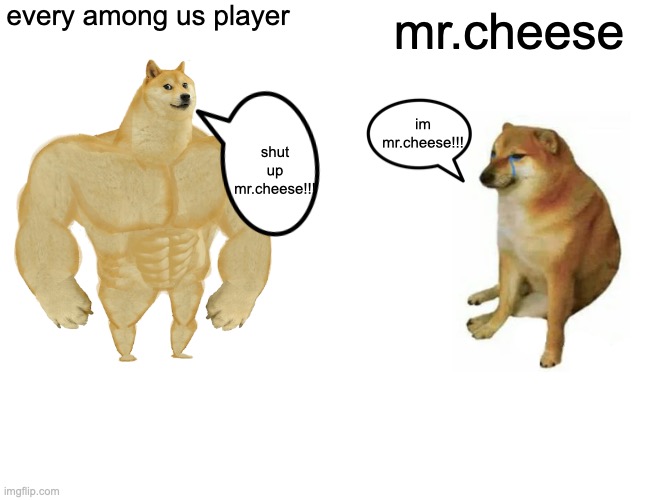 mr.cheese competition | every among us player; mr.cheese; im mr.cheese!!! shut up mr.cheese!!! | image tagged in memes,buff doge vs cheems | made w/ Imgflip meme maker
