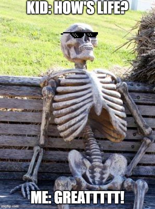 Waiting Skeleton Meme | KID: HOW'S LIFE? ME: GREATTTTT! | image tagged in memes,waiting skeleton | made w/ Imgflip meme maker
