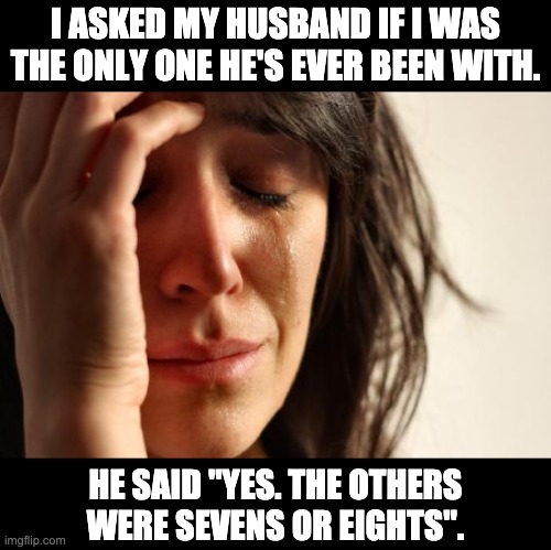 Only one | I ASKED MY HUSBAND IF I WAS THE ONLY ONE HE'S EVER BEEN WITH. HE SAID "YES. THE OTHERS WERE SEVENS OR EIGHTS". | image tagged in memes,first world problems | made w/ Imgflip meme maker