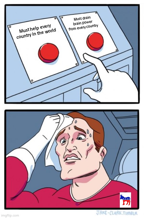 Two Buttons Meme | Must help every country in the world Must drain brain power from every country | image tagged in memes,two buttons | made w/ Imgflip meme maker