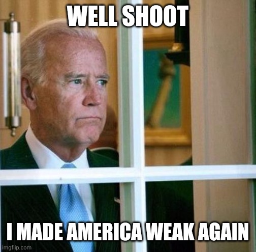 Sad Joe Biden | WELL SHOOT; I MADE AMERICA WEAK AGAIN | image tagged in sad joe biden,funny memes,memes | made w/ Imgflip meme maker