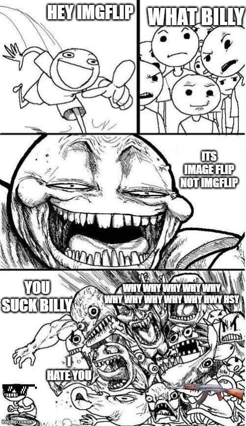 This is why no one likes Billy | WHAT BILLY; HEY IMGFLIP; ITS IMAGE FLIP NOT IMGFLIP; WHY WHY WHY WHY WHY WHY WHY WHY WHY WHY HWY HSY; YOU SUCK BILLY; I HATE YOU | image tagged in trollbait / nobody is right | made w/ Imgflip meme maker