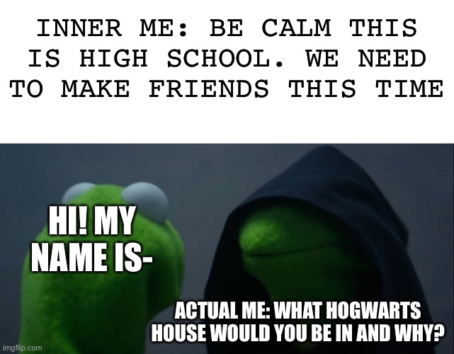 True true | INNER ME: BE CALM THIS IS HIGH SCHOOL. WE NEED TO MAKE FRIENDS THIS TIME; HI! MY NAME IS-; ACTUAL ME: WHAT HOGWARTS HOUSE WOULD YOU BE IN AND WHY? | image tagged in memes,blank transparent square,evil kermit | made w/ Imgflip meme maker